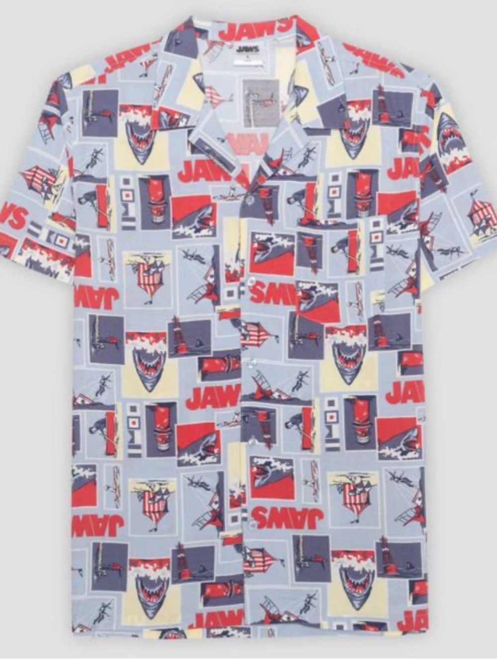 JAWS Men's Button-Up Shirt Short Sleeve Rayon Graphic Movie Print Blue Red S